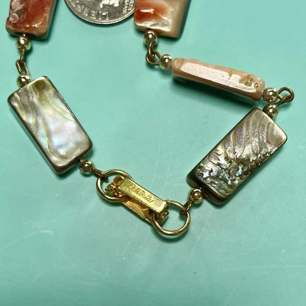 Vintage Celebrity Link Bracelet Polished Abalone & Coral Shell w Tagua Nut Charm